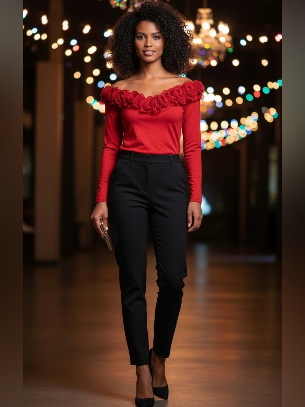 Grace Karin NWT Red Long-Sleeve off Shoulder Top with Rosette Trim